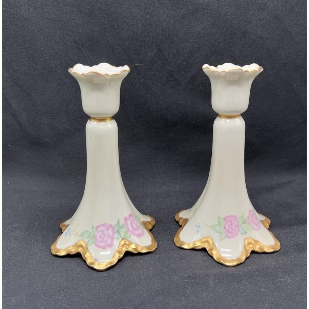 Haviland France Limoges‎ Porcelain Candlestick Holders Pink Rose Gold Trim Set 2